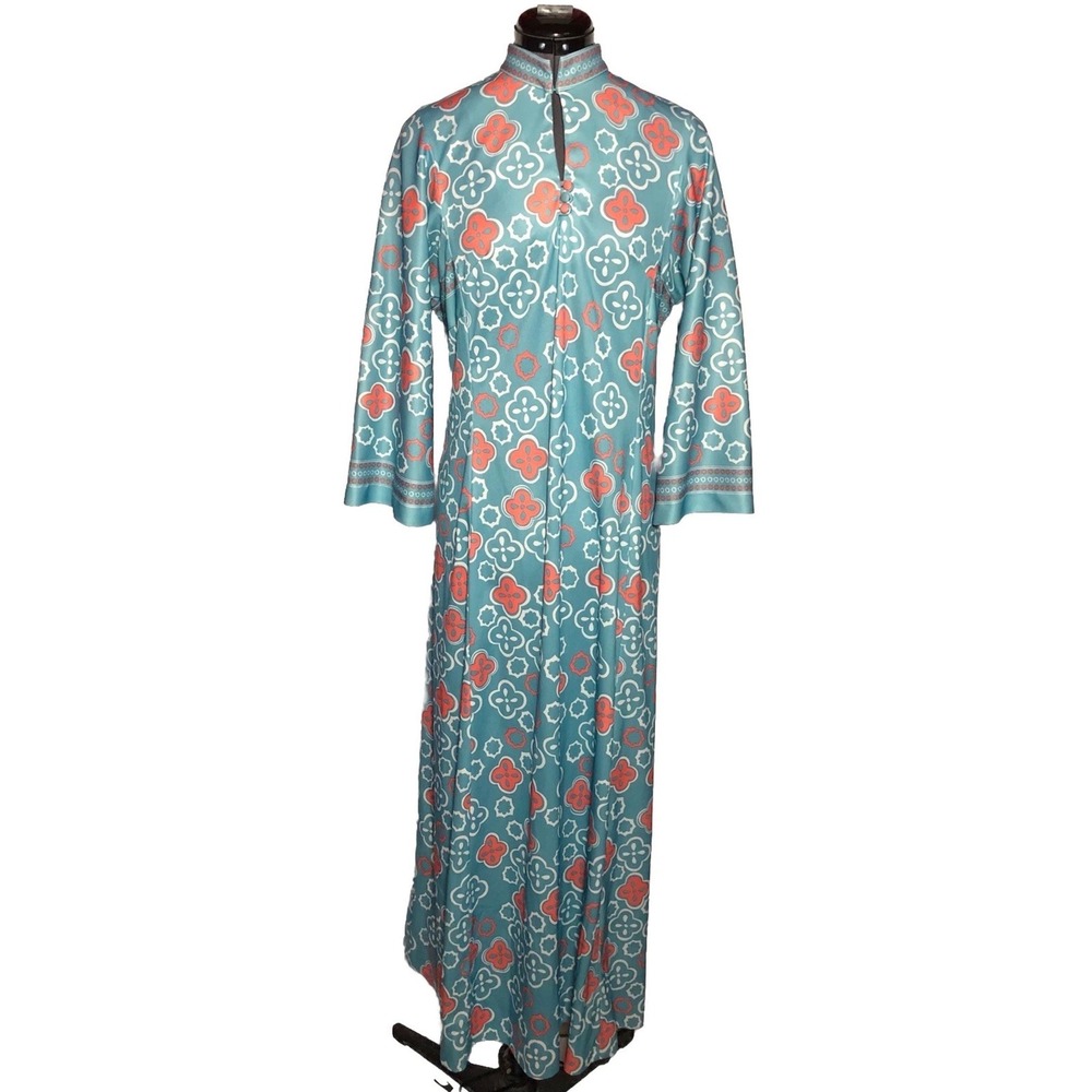 Vintage 70s Psychedelic Geometric Maxi Dress Teal Orange 39-32-40 Size L DAMAGED